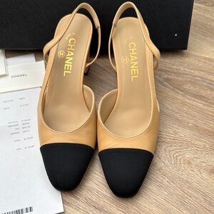 Chanel Beige and Black Slingback Heels